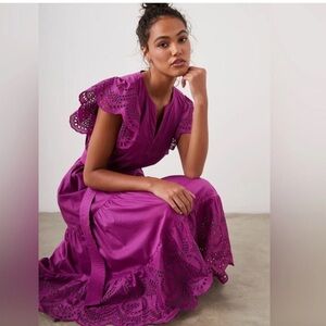 RAILS Gia Poplin Cotton Midi Dress Size M Berry Eyelet Lace Tie Wast Belt NWOT